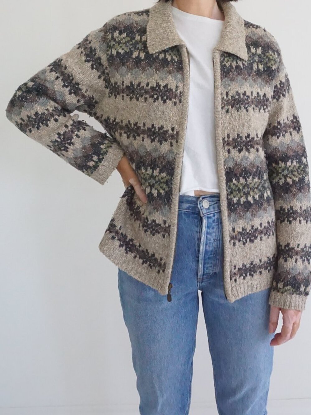 Vintage Croft & Barrow Beige Fair Isle Nordic Zip 100% Wool Knit Cardigan M - Picture 1 of 9
